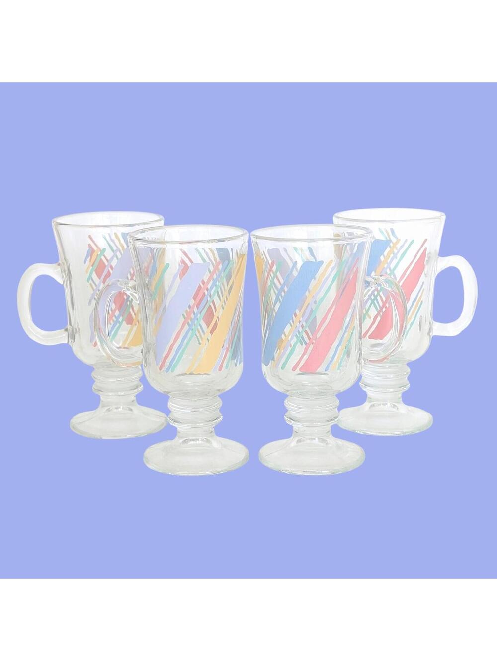1980s Vintage Libbey Glass Coffee Mugs with Pastel Memphis Style Design
